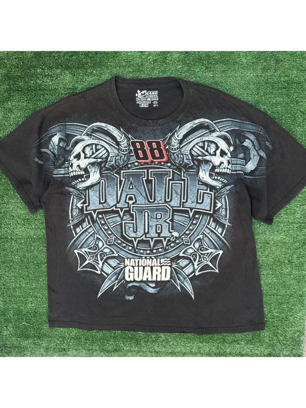 Vintage Y2K Dale Earnhardt Jr 88 Skull AOP T-Shirt Black XL Boxy NASCAR Grunge